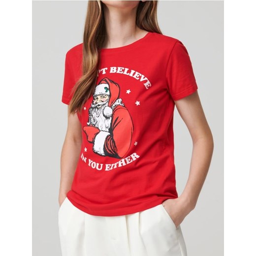 Sinsay - Bawełniana koszulka z nadrukiem świątecznym - czerwony ze sklepu Sinsay w kategorii Bluzki damskie - zdjęcie 187513494