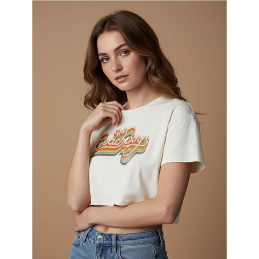 Sinsay - Bawełniana koszulka z nadrukiem The Beach Boys - kremowy ze sklepu Sinsay w kategorii Bluzki damskie - zdjęcie 187513632
