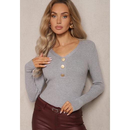 Szary Prążkowany Sweter z Bawełną i Guzikami Mirisia ze sklepu renee.pl w kategorii Swetry damskie - zdjęcie 187514513