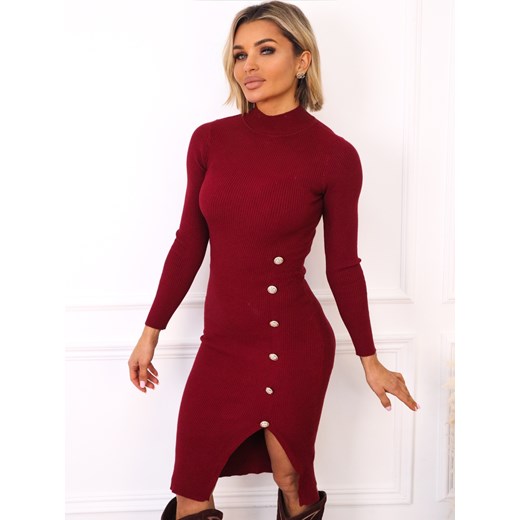SUKIENKA DZIANINOWA Z ROZCIĘCIEM I OZDOBNYMI GUZIKAMI- BORDOWA ze sklepu olika.com.pl w kategorii Sukienki - zdjęcie 187517912