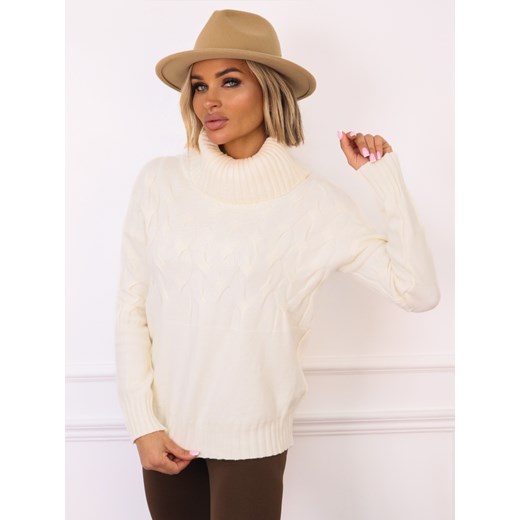 SWETER OZDOBNIE PLECIONY Z GOLFEM- ECRU ze sklepu olika.com.pl w kategorii Swetry damskie - zdjęcie 187517934