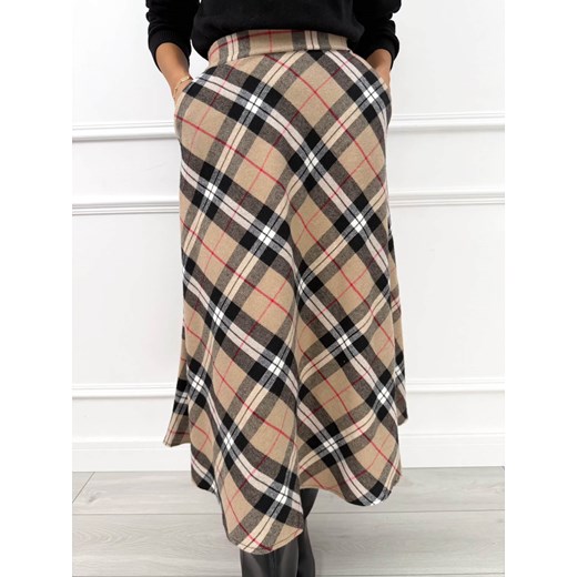 Beżowa Rozkloszowana Spódnica Midi w Kratę ze sklepu ModnaKiecka.pl w kategorii Spódnice - zdjęcie 187518040