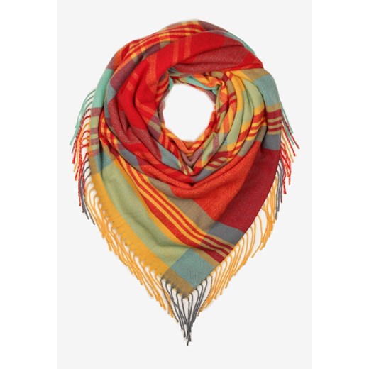Czerwono-Żółty Kraciasty Szalik z Wiskozy i Bawełny z Frędzlami Relavis ze sklepu renee.pl w kategorii Szaliki i chusty damskie - zdjęcie 187521604