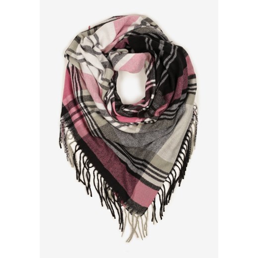 Szaro-Różowy Szalik z Bawełny i Wiskozy Ozdobiony Klasyczną Kratą i Frędzlami Nerifla ze sklepu born2be.pl w kategorii Szaliki i chusty damskie - zdjęcie 187521640