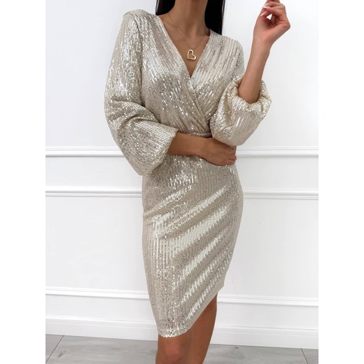 Beżowa Kopertowa Cekinowa Sukienka Modnakiecka.pl 40 ModnaKiecka.pl