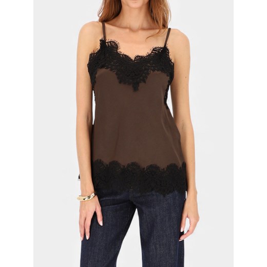 Brązowy satynowy top zdobiony koronką L'AF Lavinia ze sklepu Eye For Fashion w kategorii Bluzki damskie - zdjęcie 187525414