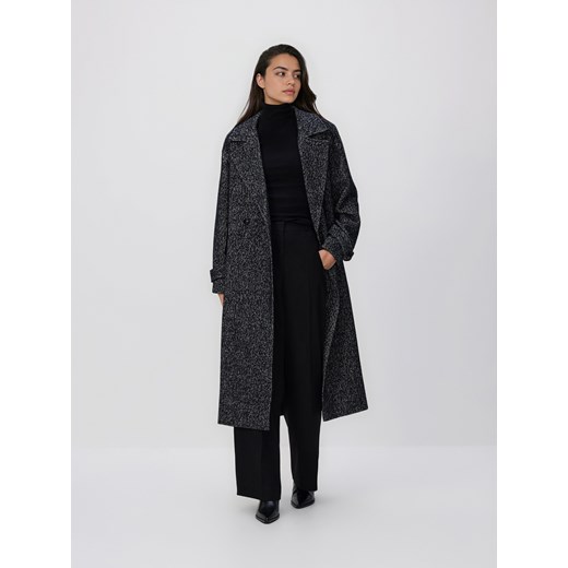Reserved - Wiązany płaszcz z wełną - czarny ze sklepu Reserved w kategorii Płaszcze damskie - zdjęcie 187526001