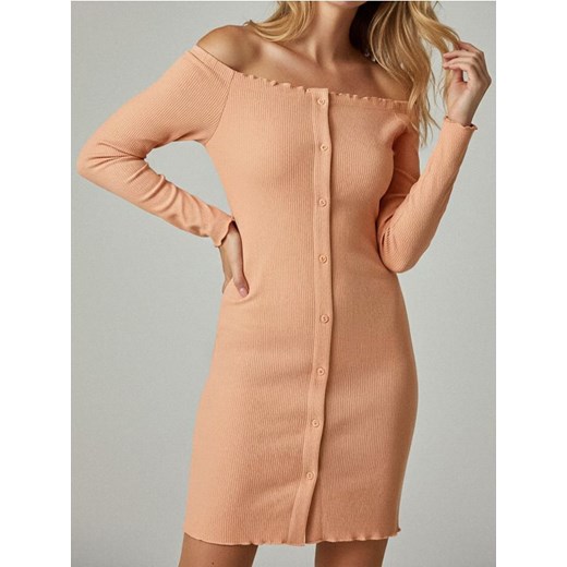 Sinsay - Prążkowana sukienka midi hiszpanka z guzikami - pomarańczowy ze sklepu Sinsay w kategorii Sukienki - zdjęcie 187528483