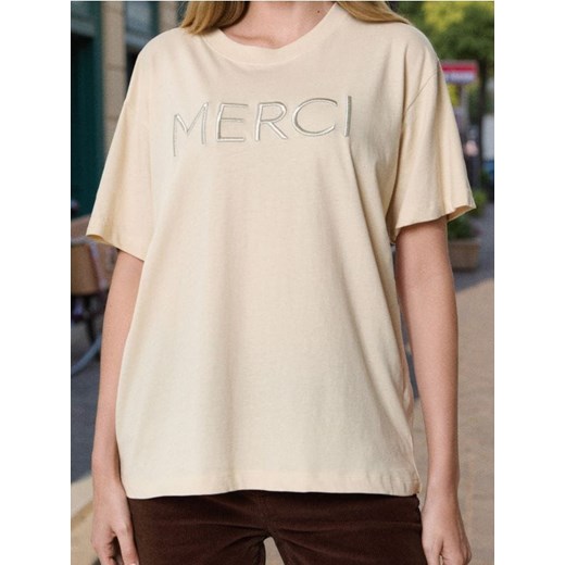 Sinsay - Koszulka z haftowanym napisem - kremowy ze sklepu Sinsay w kategorii Bluzki damskie - zdjęcie 187528531