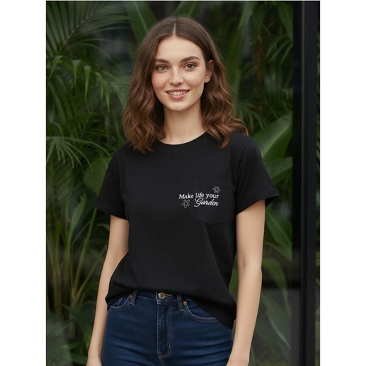 Sinsay - Bawełniana koszulka z haftem - czarny ze sklepu Sinsay w kategorii Bluzki damskie - zdjęcie 187530193