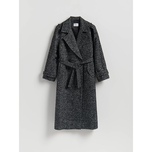 Reserved - Wiązany płaszcz z wełną - czarny ze sklepu Reserved w kategorii Płaszcze damskie - zdjęcie 187532603