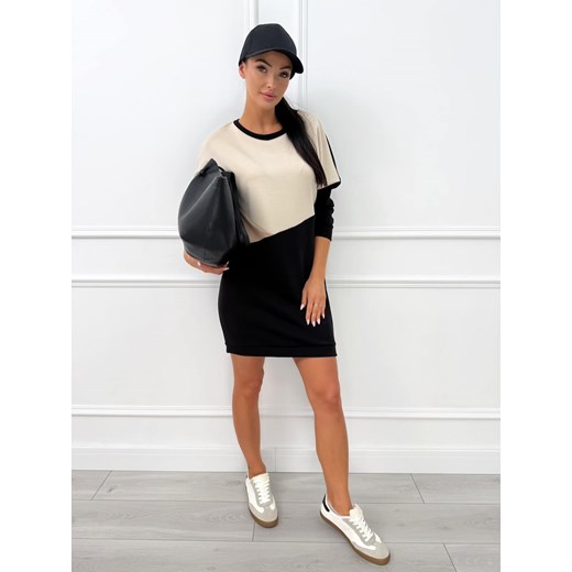 Czarno-Beżowa Bawełniana Sukienka Modnakiecka.pl 38 okazja ModnaKiecka.pl