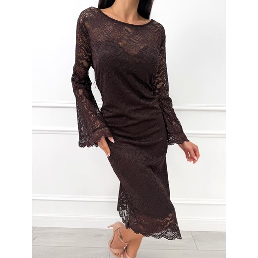 Czekoladowa Koronkowa Sukienka Plus Size z Rozszerzanymi Rękawami ze sklepu ModnaKiecka.pl w kategorii Sukienki - zdjęcie 187536110