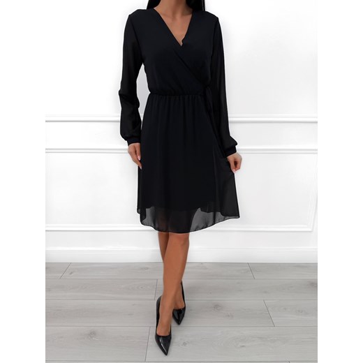 Czarna Szyfonowa Sukienka z Kopertowym Dekoltem ze sklepu ModnaKiecka.pl w kategorii Sukienki - zdjęcie 187536114