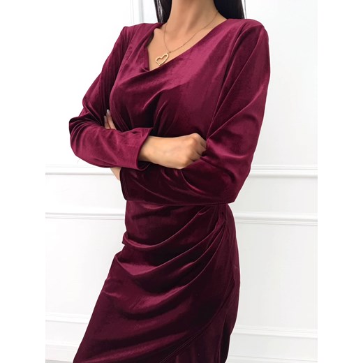 Bordowa Welurowa Sukienka z Marszczeniem Modnakiecka.pl 44 ModnaKiecka.pl