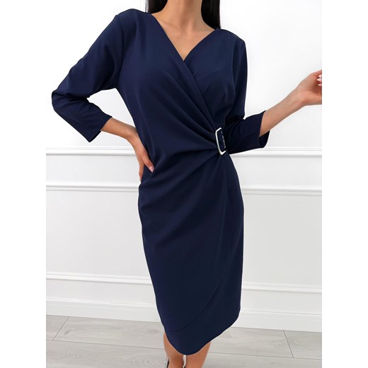 Granatowa Kopertowa Sukienka z Ozdobną Klamrą ze sklepu ModnaKiecka.pl w kategorii Sukienki - zdjęcie 187536122