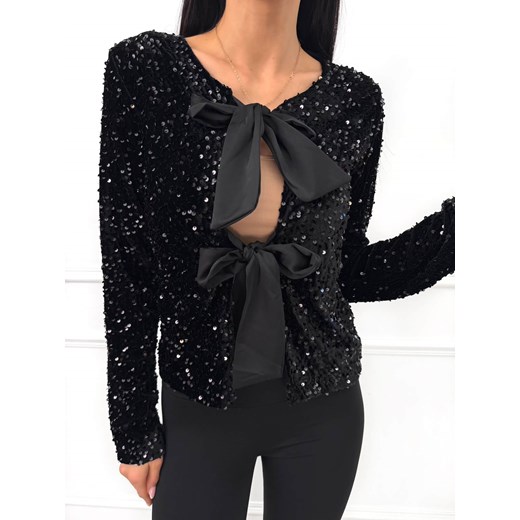 Czarna Cekinowa Bluzka Narzutka z Wiązaniem Modnakiecka.pl 38 ModnaKiecka.pl