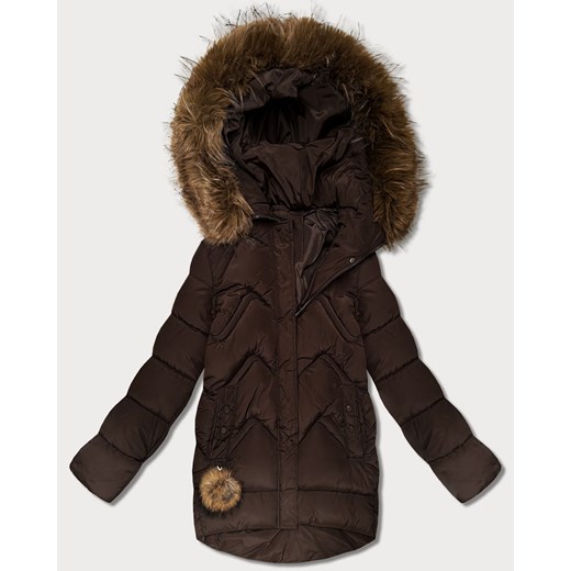 Puchowa zimowa kurtka damska z dużym kapturem brązowa (KK60589) ze sklepu goodlookin.pl w kategorii Kurtki damskie - zdjęcie 187538082