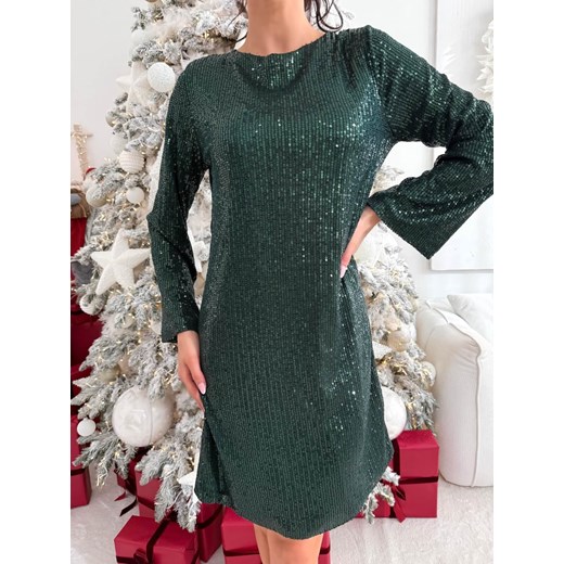 Ciemnozielona Cekinowa Sukienka z Kokardą Modnakiecka.pl 40 ModnaKiecka.pl