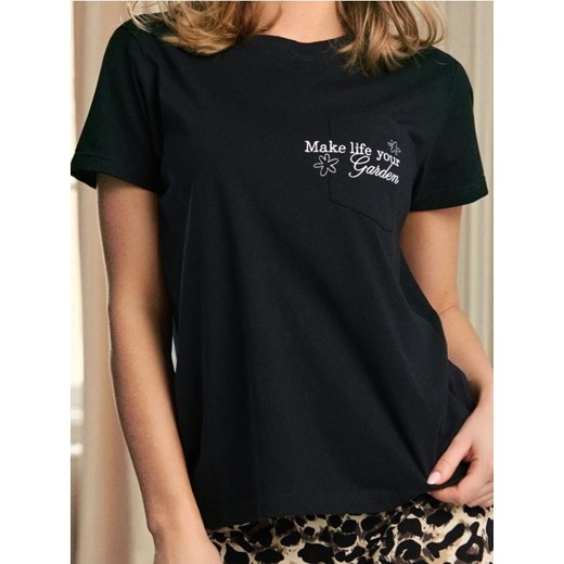 Sinsay - Bawełniana koszulka z haftem - czarny ze sklepu Sinsay w kategorii Bluzki damskie - zdjęcie 187544433