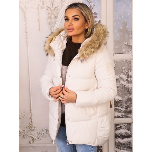 KURTKA ASYMETRYCZNA Z NASZYWKĄ NA RĘKAWIE I FUTERKIEM- ECRU ze sklepu olika.com.pl w kategorii Kurtki damskie - zdjęcie 187548941