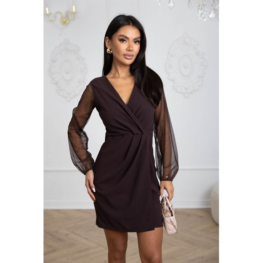 SUKIENKA MINI Z TIULOWYMI POŁYSKUJĄCYMI RĘKAWAMI- CZEKOLADOWA ze sklepu olika.com.pl w kategorii Sukienki - zdjęcie 187548981