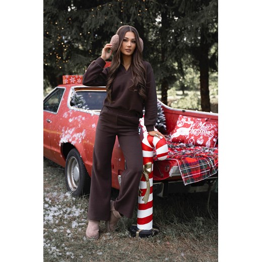 KOMPLET DZIANINOWY SWETERKOWA BLUZA+ SPODNIE- CZEKOLADOWY ze sklepu olika.com.pl w kategorii Komplety i garnitury damskie - zdjęcie 187549014
