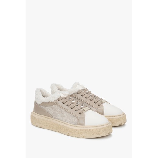 Estro: Beżowe trampki damskie na zimę ze skóry naturalnej z futrzanym wsadem ze sklepu Estro w kategorii Trampki damskie - zdjęcie 187549401
