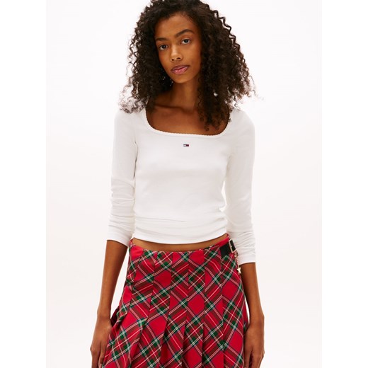 Tommy Jeans Damska koszulka z długim rękawem Kobiety Bawełna biały jednolity ze sklepu vangraaf w kategorii Bluzki damskie - zdjęcie 187557453