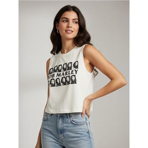 Sinsay - Bawełniany crop top bez rękawów z nadrukiem Bob Marley - kremowy ze sklepu Sinsay w kategorii Bluzki damskie - zdjęcie 187559443