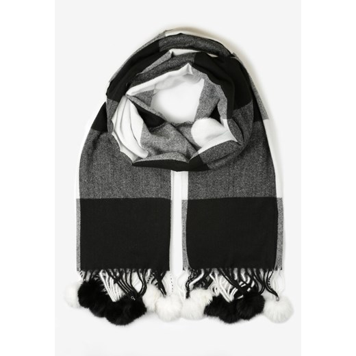 Czarny Szalik w Szeroką Kratę z Pomponami Voso ze sklepu renee.pl w kategorii Szaliki i chusty damskie - zdjęcie 187579821