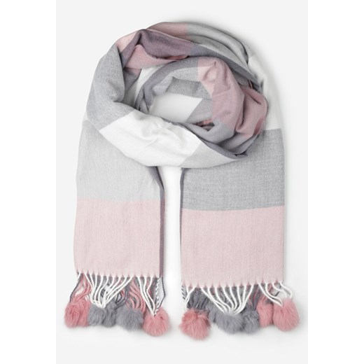 Różowy Szalik w Szeroką Kratę z Pomponami Voso ze sklepu renee.pl w kategorii Szaliki i chusty damskie - zdjęcie 187579823