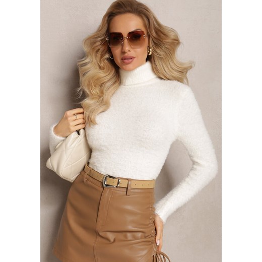 Biały Golf z Dzianiny z Długim Włosem i Dodatkiem Wełny Gerdonna ze sklepu renee.pl w kategorii Swetry damskie - zdjęcie 187579833