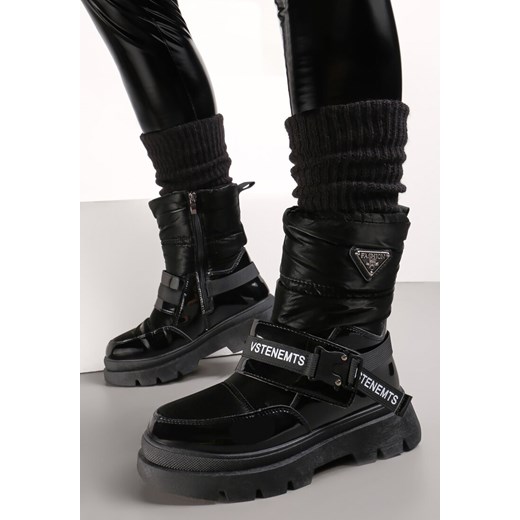 Czarne Lakierowane Śniegowce z Ozdobnymi Taśmami Eraclio ze sklepu born2be.pl w kategorii Śniegowce damskie - zdjęcie 187582384