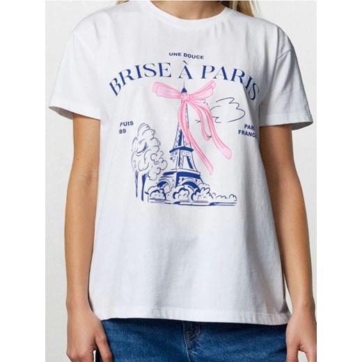 Sinsay - Bawełniana koszulka z krótkim rękawem - kremowy ze sklepu Sinsay w kategorii Bluzki damskie - zdjęcie 187582933