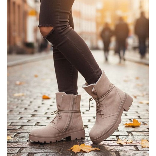 Zimowe botki trapery z ociepleniem beżowe /F8-2 18499 T4/ ze sklepu Pantofelek24.pl w kategorii Workery damskie - zdjęcie 187583350