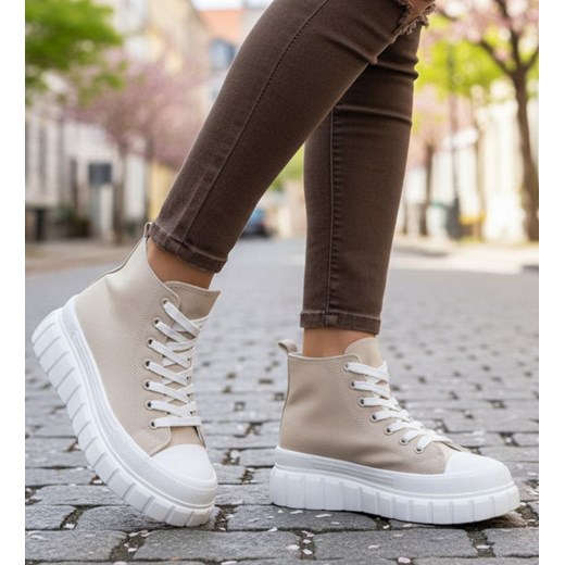 Beżowe trampki damskie na platformie /C7-2 9144 S495/ ze sklepu Pantofelek24.pl w kategorii Trampki damskie - zdjęcie 187583371
