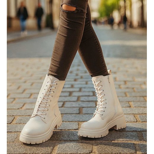 Beżowe zimowe botki trapery glany z futerkiem /D1-3 18524 T482/ ze sklepu Pantofelek24.pl w kategorii Workery damskie - zdjęcie 187583392