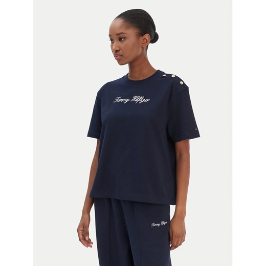 Tommy Hilfiger T-Shirt Script WW0WW47819 Granatowy Regular Fit ze sklepu MODIVO w kategorii Bluzki damskie - zdjęcie 187585452