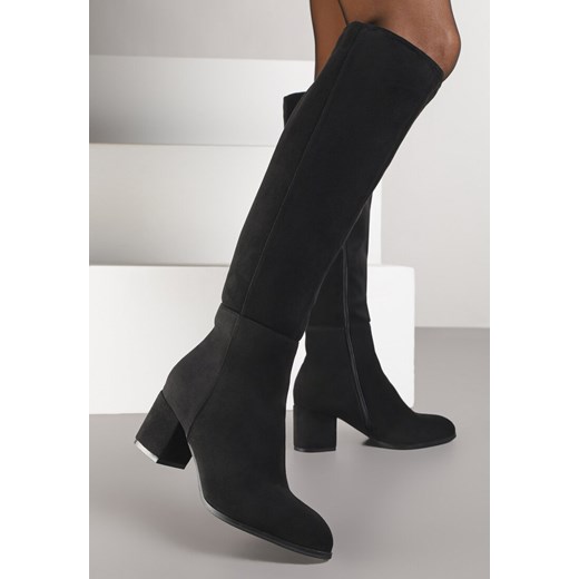 Czarne Kozaki z Imitacji Zamszu do Kolana Vices na Niskim Słupku Ilodia ze sklepu born2be.pl w kategorii Kozaki damskie - zdjęcie 187589202