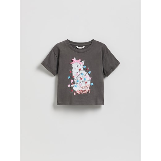Reserved - Świąteczny t-shirt z nadrukiem - ciemnoszary ze sklepu Reserved w kategorii Bluzki dziewczęce - zdjęcie 187590032