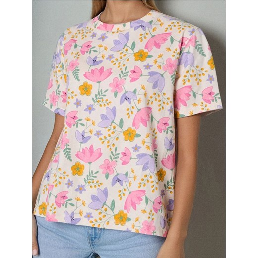 Sinsay - Bawełniana koszulka z nadrukiem - wielobarwny ze sklepu Sinsay w kategorii Bluzki damskie - zdjęcie 187597494