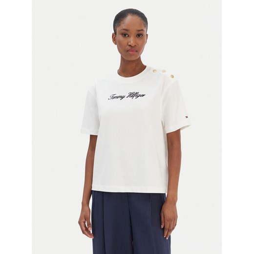Tommy Hilfiger T-Shirt Script WW0WW47819 Écru Regular Fit ze sklepu MODIVO w kategorii Bluzki damskie - zdjęcie 187598352