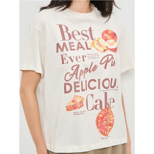 Sinsay - Bawełniana koszulka z nadrukiem - kremowy ze sklepu Sinsay w kategorii Bluzki damskie - zdjęcie 187600852