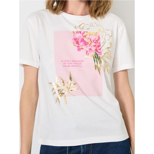 Sinsay - Bawełniana koszulka z nadrukiem - kremowy ze sklepu Sinsay w kategorii Bluzki damskie - zdjęcie 187600863