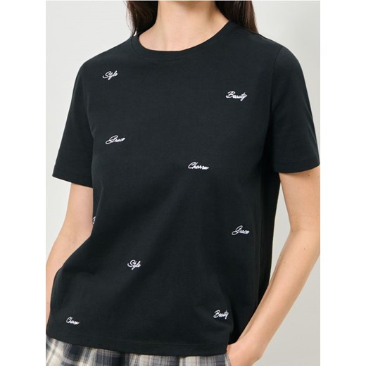 Sinsay - Koszulka z haftowanymi napisami - czarny ze sklepu Sinsay w kategorii Bluzki damskie - zdjęcie 187600922