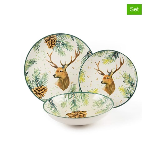 Trendy Kitchen by EXCÉLSA 12-częściowy zestaw talerzy &quot;Nordic Deer&quot; w kolorze kremowo-zielonym ze sklepu Limango Polska w kategorii Naczynia - zdjęcie 187601161