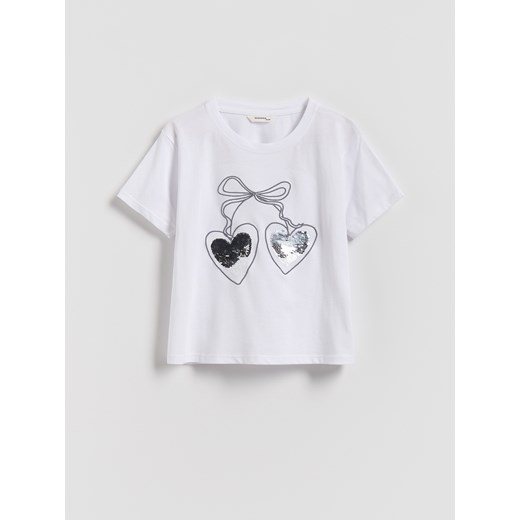Reserved - T-shirt z cekinową aplikacją - złamana biel ze sklepu Reserved w kategorii Bluzki dziewczęce - zdjęcie 187602994