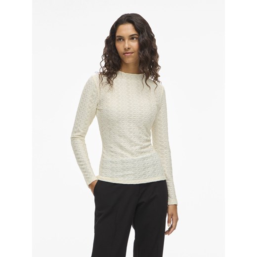 Vila Damska koszulka z długim rękawem - VISagara Kobiety écru wypukły wzór tkaniny ze sklepu vangraaf w kategorii Bluzki damskie - zdjęcie 187607060