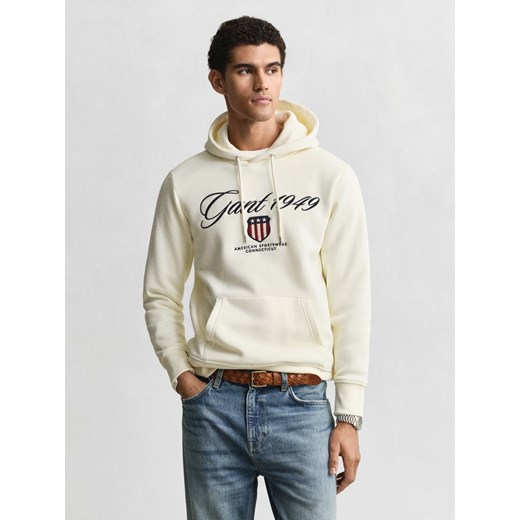 Gant Męski sweter z kapturem Mężczyźni Bawełna écru jednolity ze sklepu vangraaf w kategorii Bluzy męskie - zdjęcie 187607062